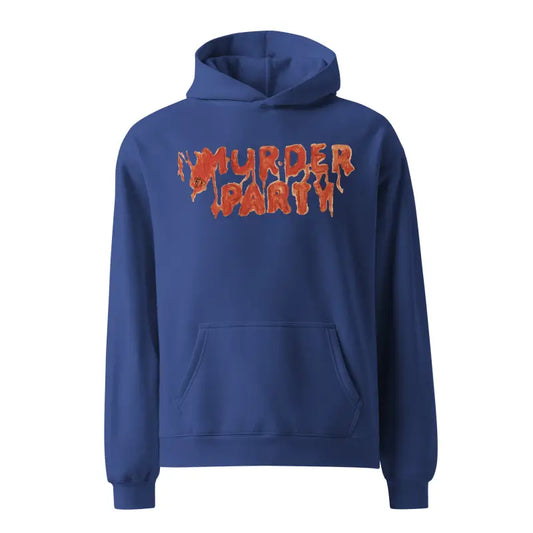 Blue Murder Party Hoodie featuring bold text, ideal for murder mystery enthusiasts
