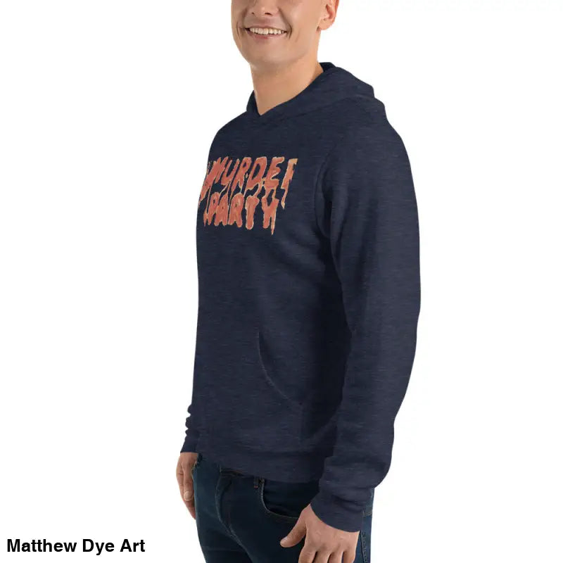 Navy Murder Party Hoodie, a unisex cotton fleece pullover perfect for Halloween party essentials