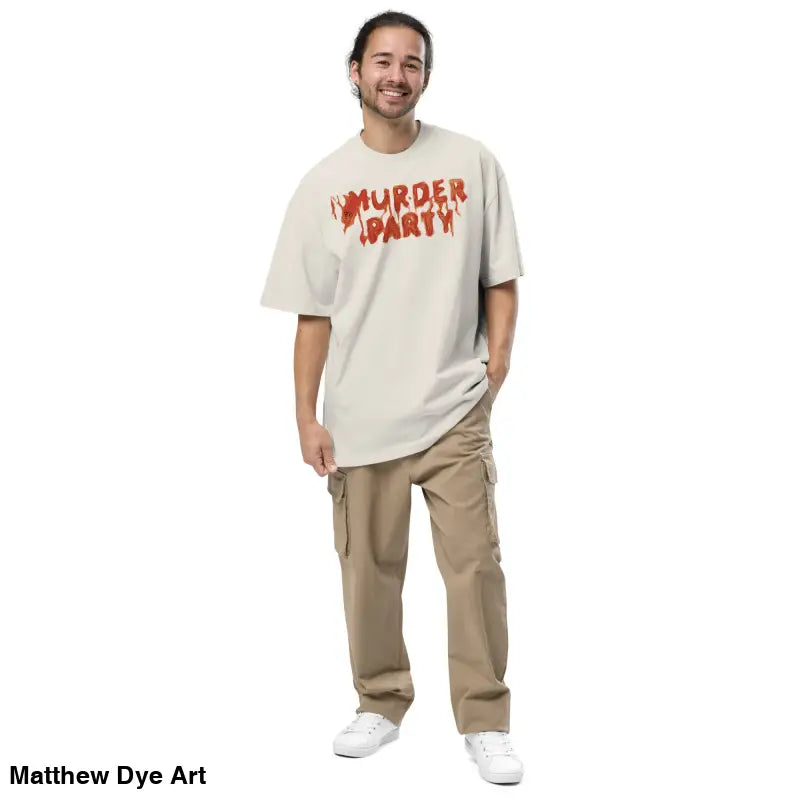 Man in a Murder Party Mayhem oversized t-shirt with wide neck ribbing and cargo pants