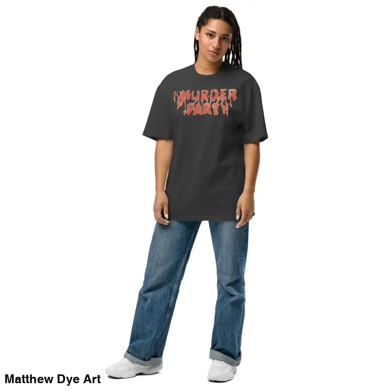 Oversized gray t-shirt featuring wide neck ribbing from the Murder Party Mayhem collection