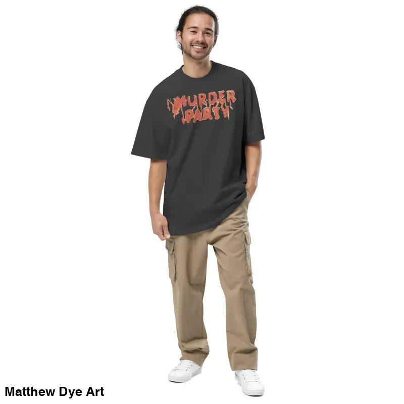 Man in cargo pants showcasing the Murder Party Mayhem Oversized T-Shirt with wide neck ribbing