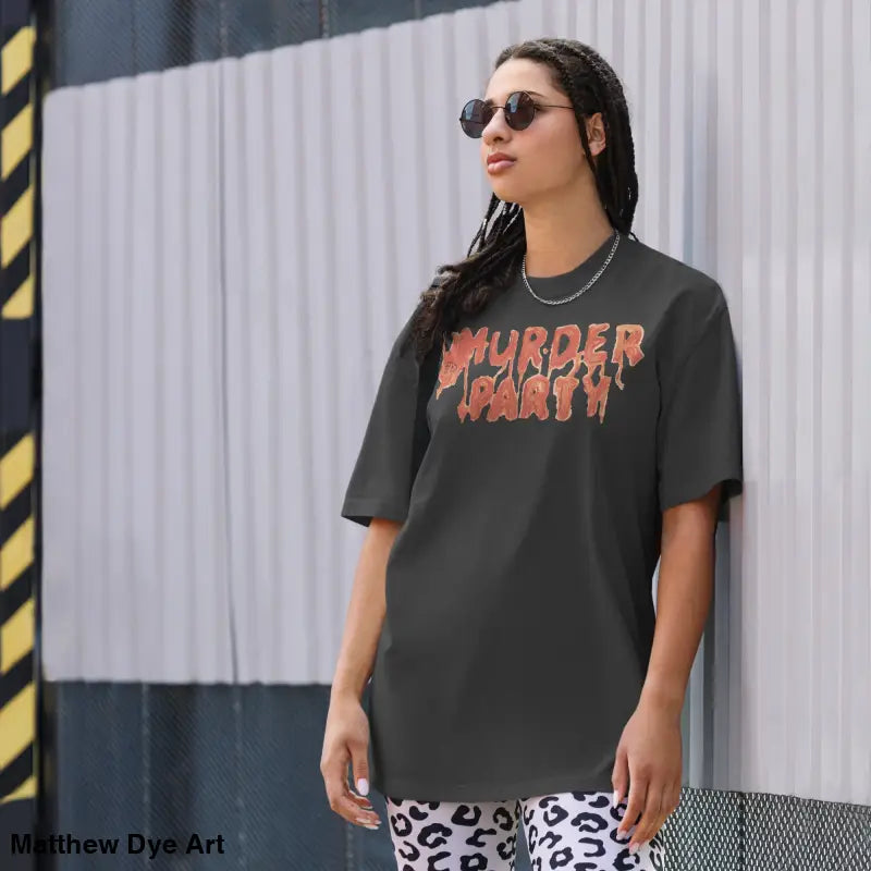 Dark gray Murder Party Mayhem oversized t-shirt with wide neck ribbing for vintage slasher style