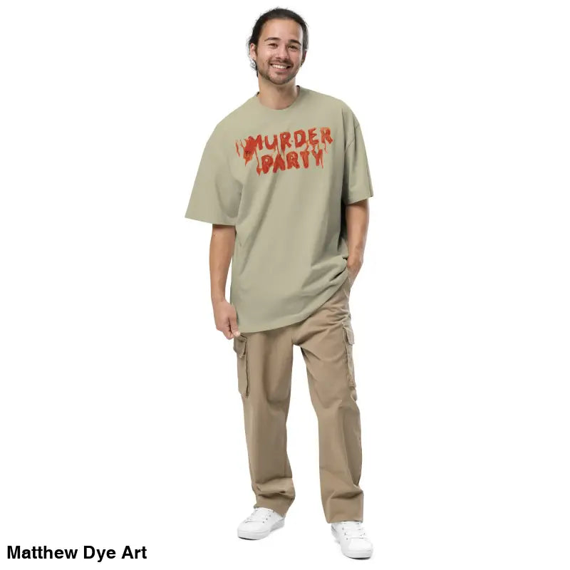 Man in Murder Party Mayhem Oversized T-Shirt with wide neck ribbing and cargo pants