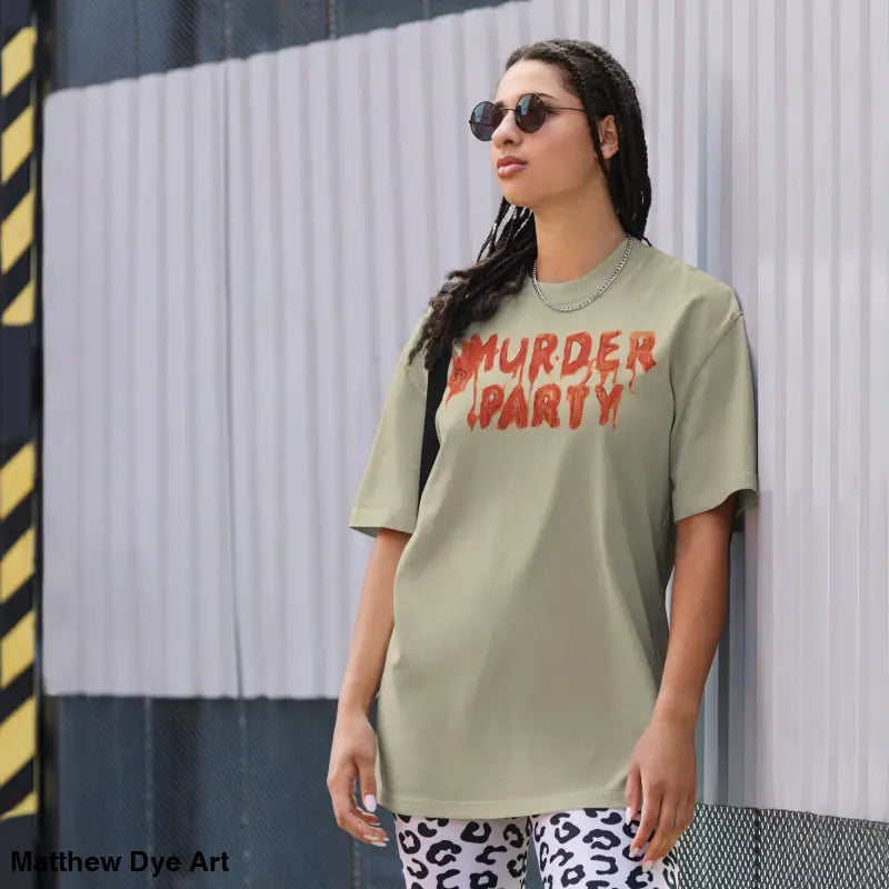Woman wearing a Murder Party Mayhem Oversized T-Shirt with wide neck ribbing