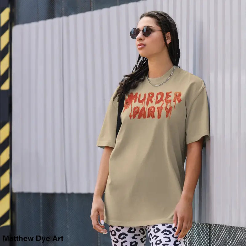 Tan Murder Party Mayhem Oversized T-Shirt featuring a graphic and wide neck ribbing