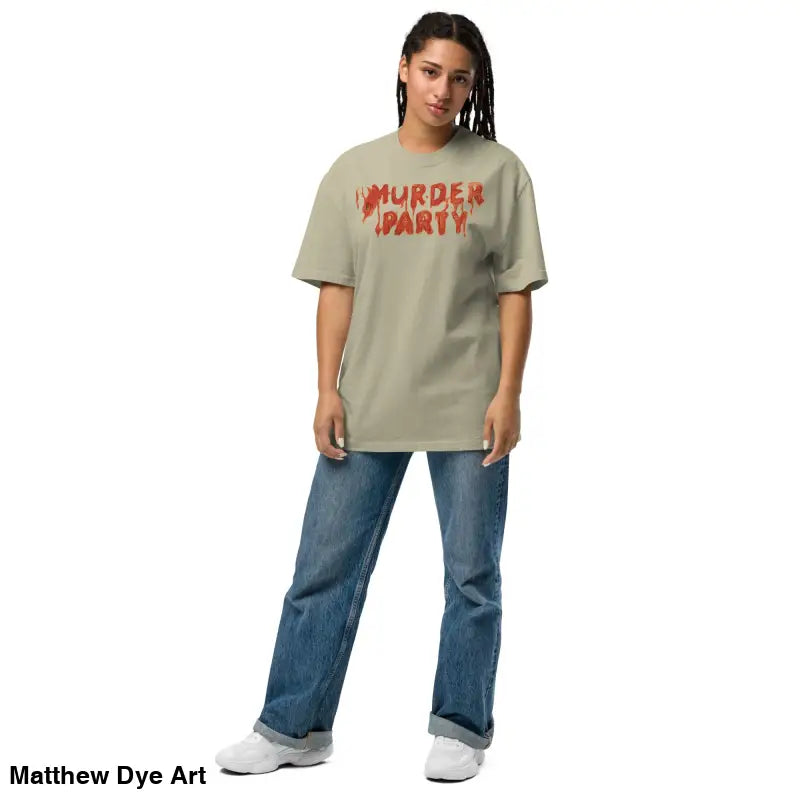 Woman modeling a Murder Party Mayhem Oversized T-Shirt with wide neck ribbing