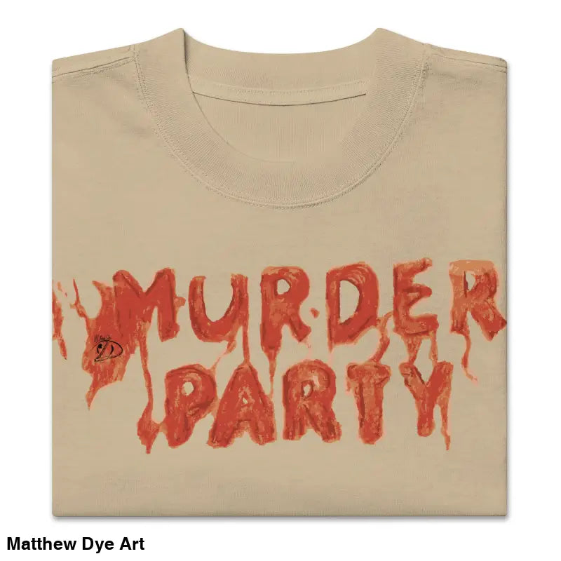 Folded beige Murder Party Mayhem oversized t-shirt with wide neck ribbing design