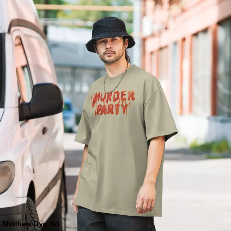 Man wearing Murder Party Mayhem oversized t-shirt with wide neck ribbing in vintage style