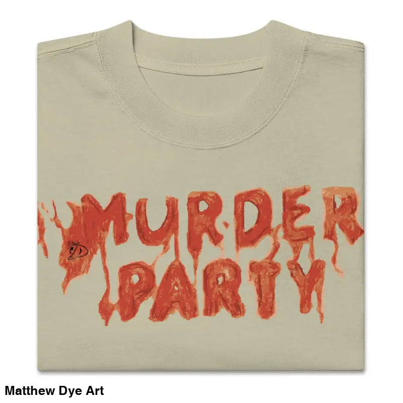 Folded beige Murder Party Mayhem oversized t-shirt with wide neck ribbing design