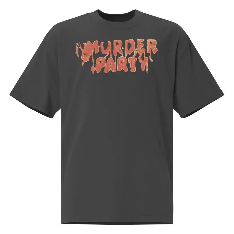Gray Murder Party Mayhem oversized t-shirt featuring wide neck ribbing in vintage slasher style