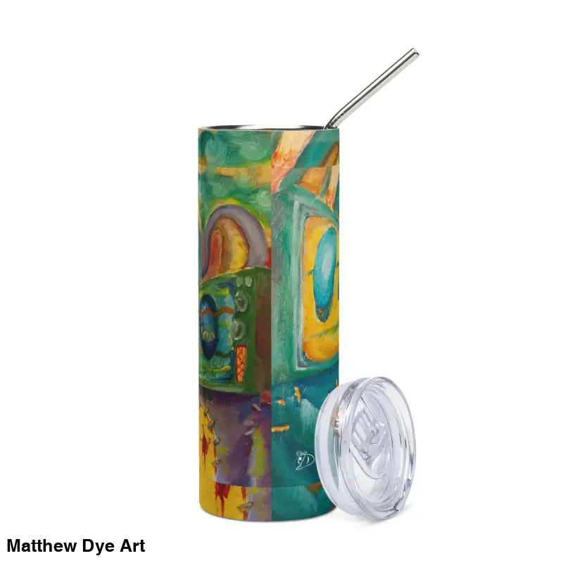 Colorful abstract-patterned stainless steel tumbler with metal straw and clear lid