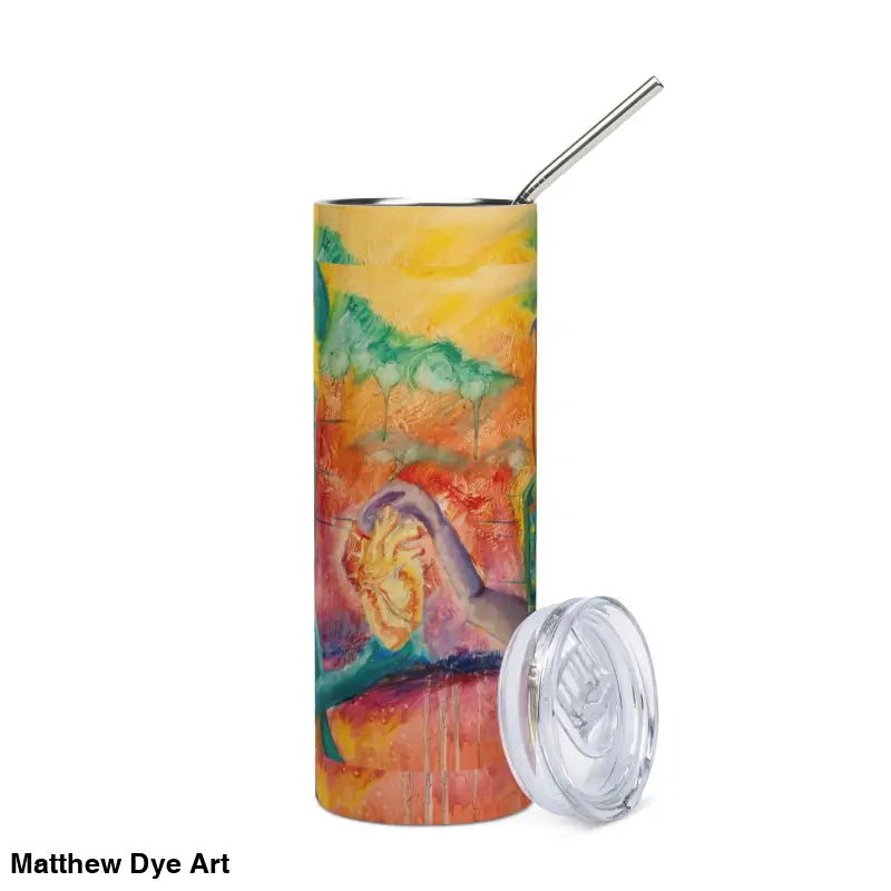 Colorful stainless steel tumbler featuring a watercolor dinosaur design and metal straw
