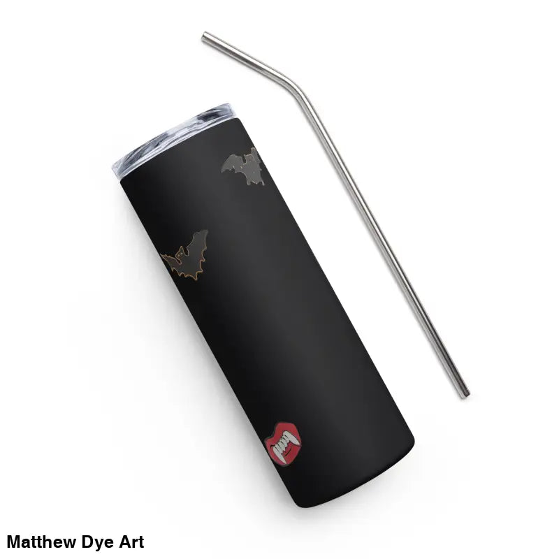 Black stainless steel tumbler featuring Matthew Dye art of bats and vampire lips