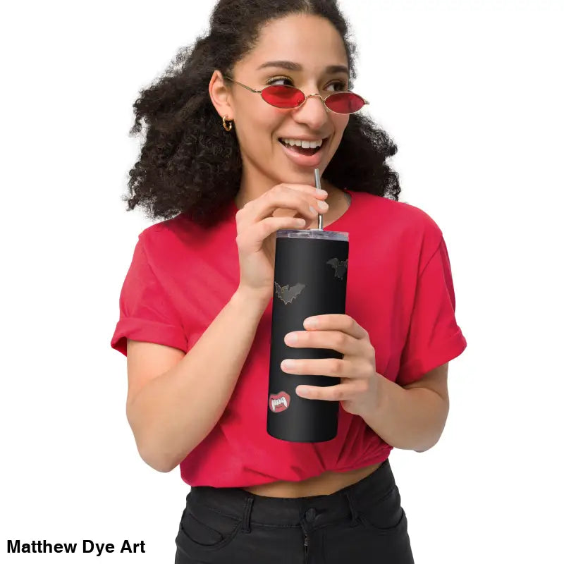 Black stainless steel tumbler featuring Matthew Dye art from the Cute Halloween Collection