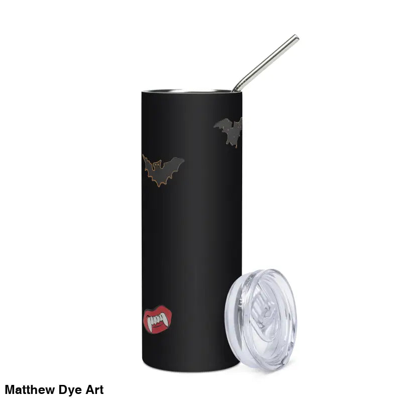Black stainless steel tumbler from the cute Halloween collection featuring Matthew Dye art