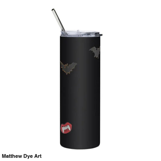 Black stainless steel tumbler featuring bats and vampire lips from Matthew Dye Art’s Cute Halloween Collection