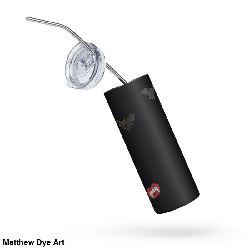 Black stainless steel tumbler featuring bats and vampire lips from Matthew Dye Art
