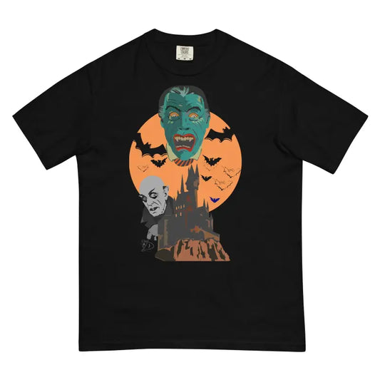 Black unisex heavyweight t-shirt with vintage Halloween monster design and bats against moon