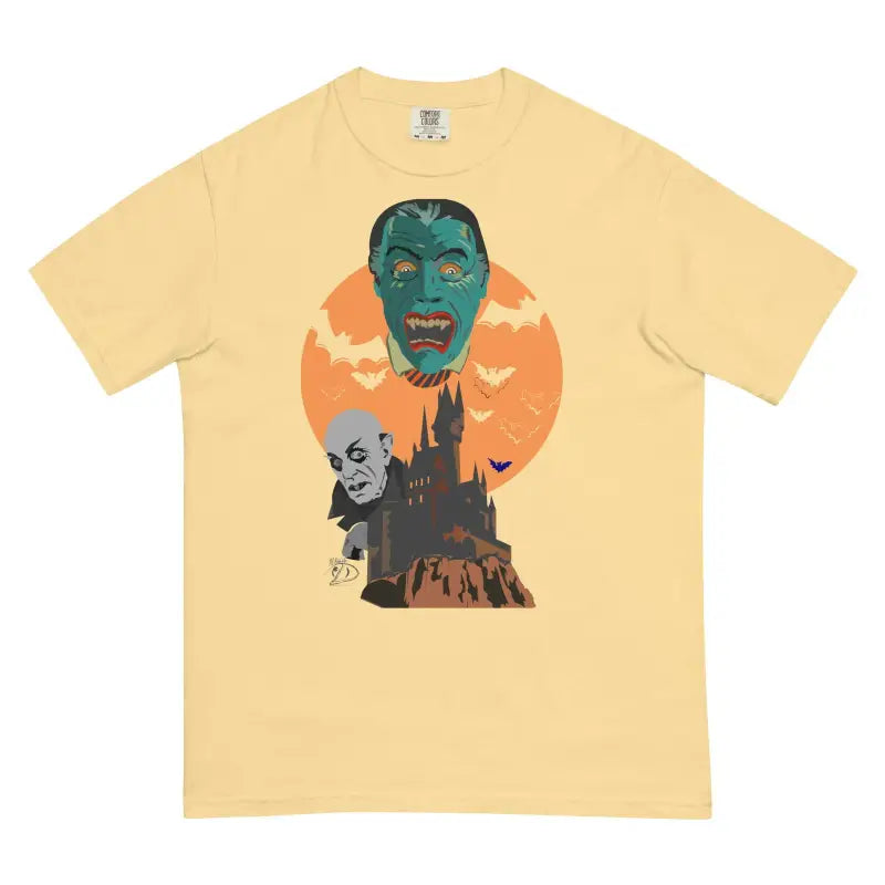 Light yellow unisex heavyweight t-shirt with Halloween graphic of vampires and haunted castle