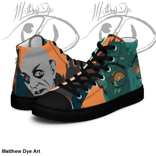 High-top sneakers with Matthew Dye art in orange, green, and black from the cute Halloween collection