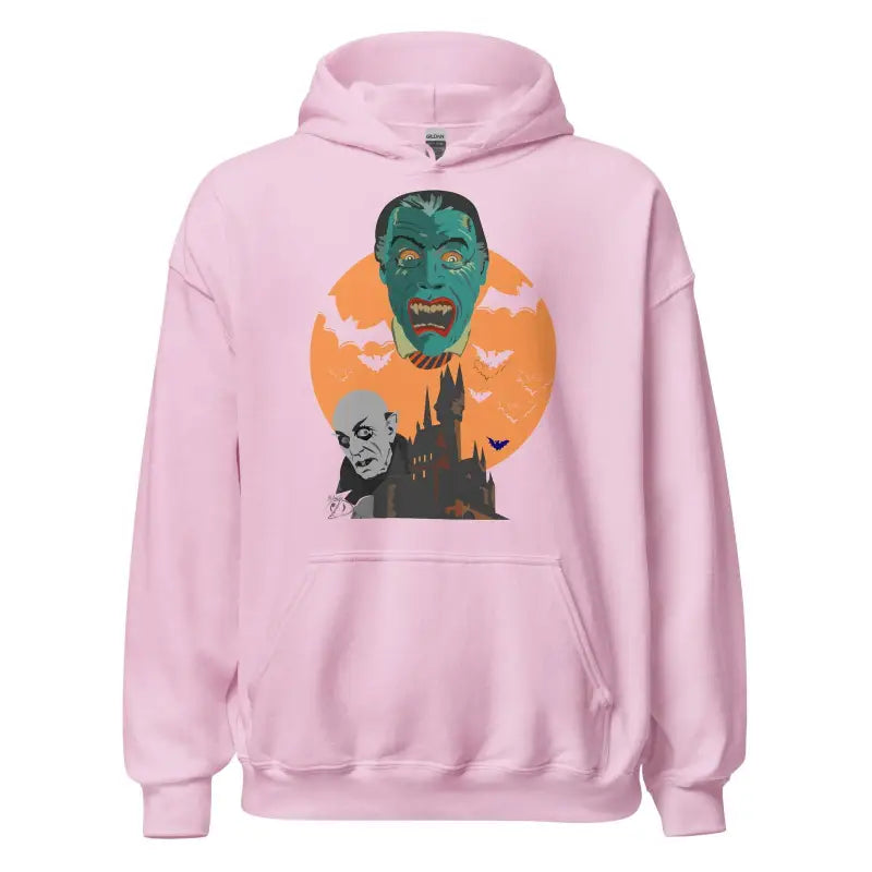 Pink vintage horror vampires unisex hoodie with green monster face and orange moon design