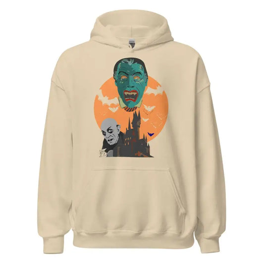 Beige Vintage Horror Vampires Unisex Hoodie featuring Gothic Castle design by Matthew Dye Art