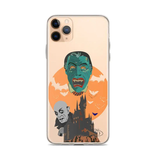 Clear iPhone Case featuring vintage horror vampires and Halloween-themed castle artwork