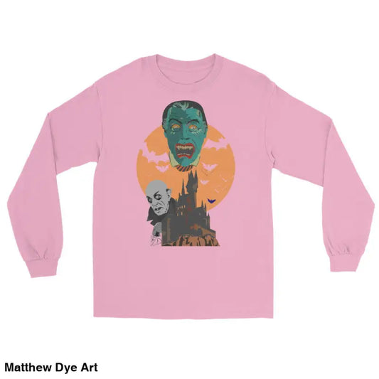Pink long sleeve shirt featuring vintage Halloween art with monsters and a castle