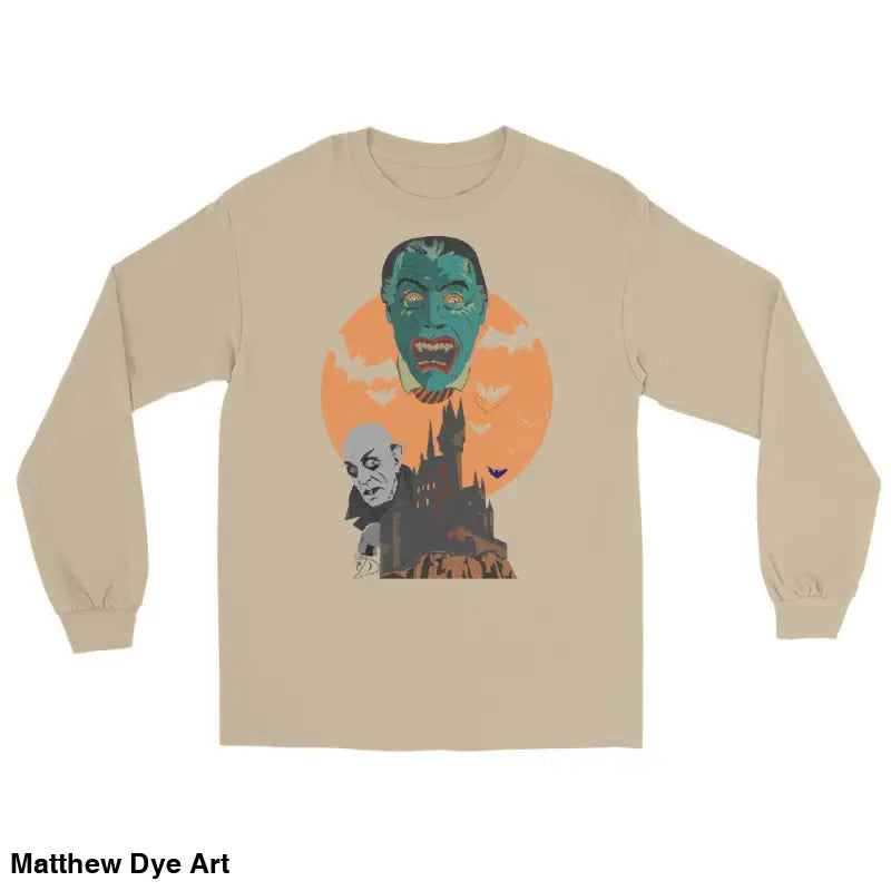 Tan long sleeve shirt featuring vintage horror art with vampires in a spooky setting