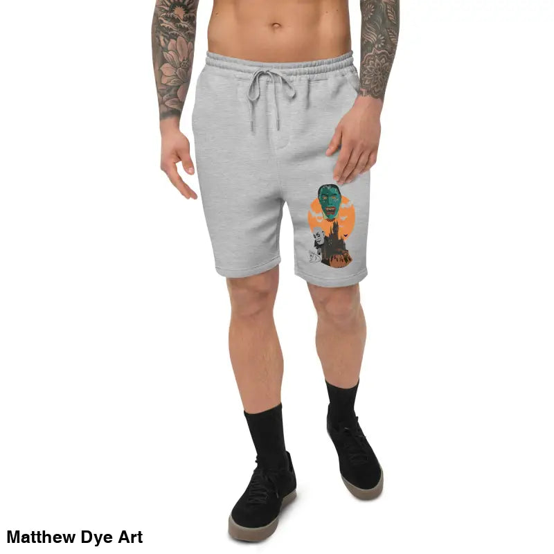 Gray drawstring shorts with graphic for Night of the Vampires Halloween men’s fleece short