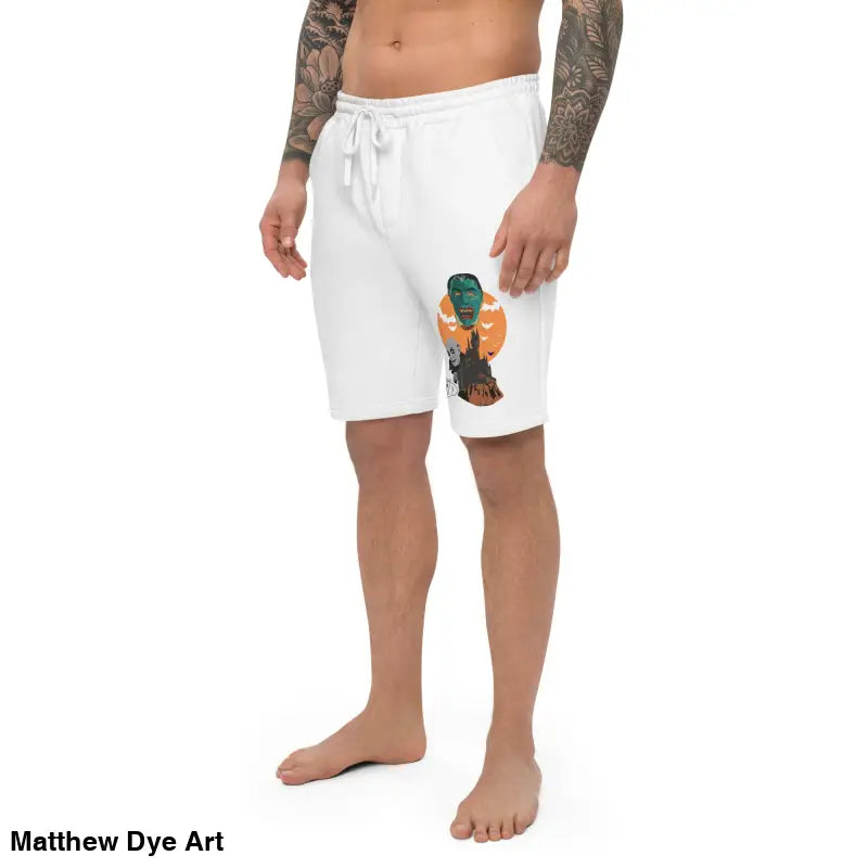 White drawstring shorts with a graphic for Night of the Vampires Halloween men’s fleece short