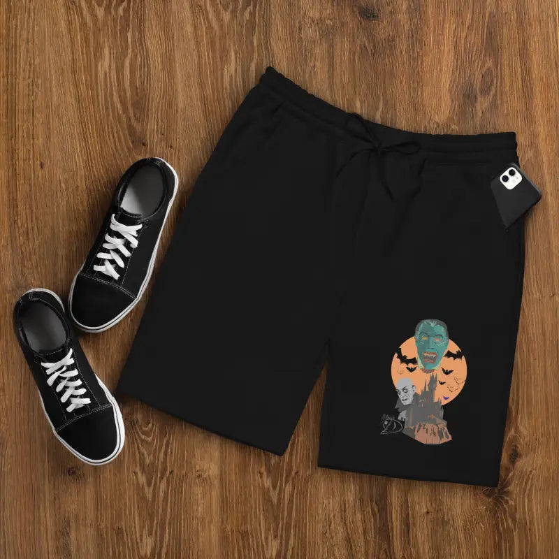 Black Halloween Men’s Fleece Shorts featuring Night of the Vampires graphic for relaxed wear