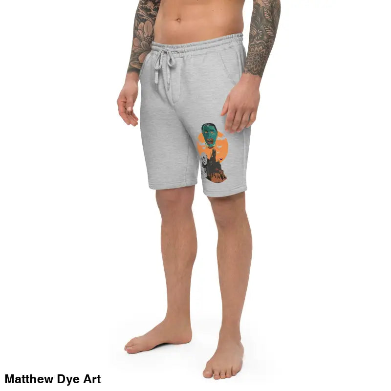 Gray drawstring shorts featuring a graphic from Night of the Vampires Gothic Horror Loungewear