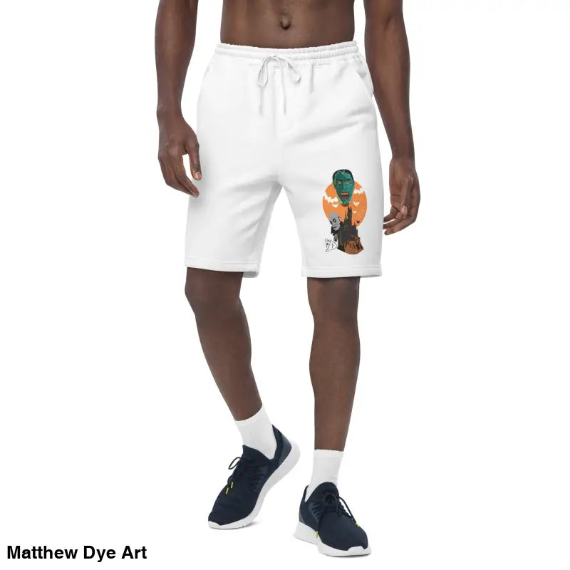 White drawstring shorts with graphic for Night of the Vampires Halloween men’s fleece short