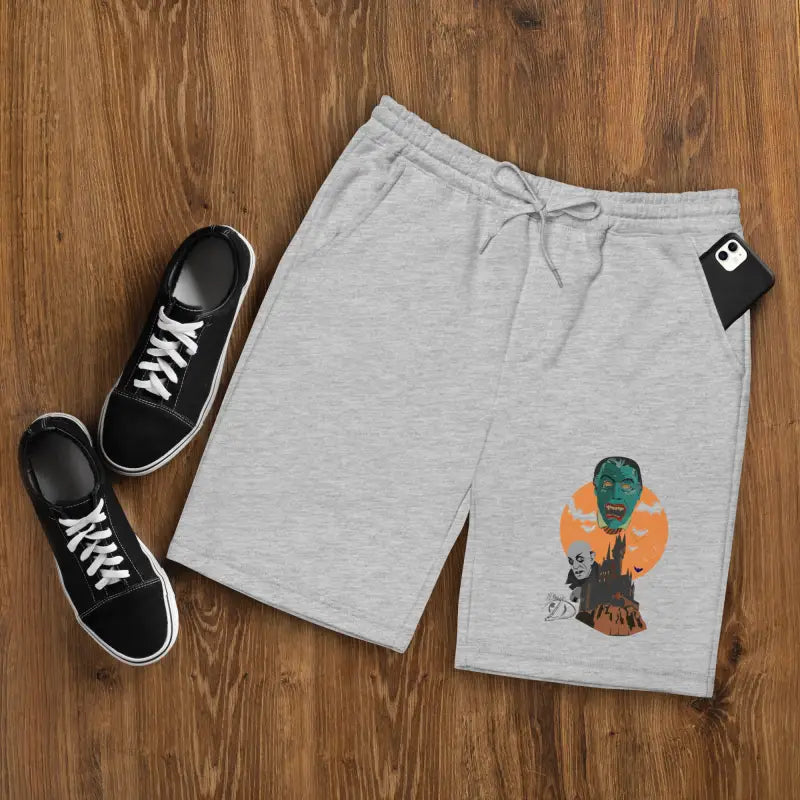 Gray drawstring shorts with a monster graphic for Night of the Vampires Halloween loungewear