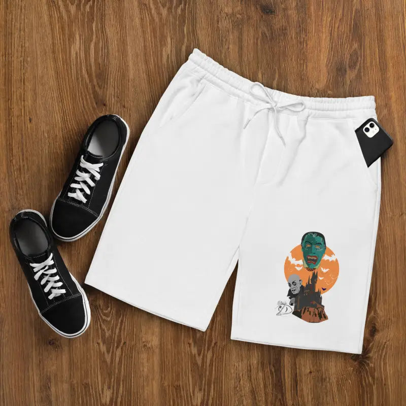 White drawstring shorts with monster graphic from Night of the Vampires Halloween Men’s Fleece Short