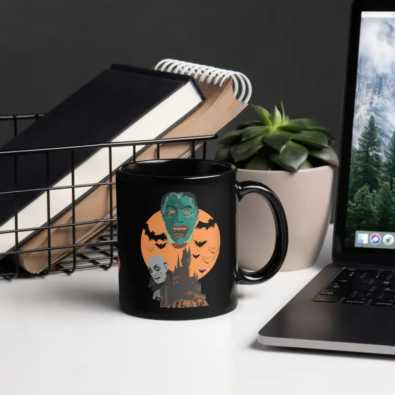 Black mug featuring Matthew Dye art with a monster design for gothic horror enthusiasts