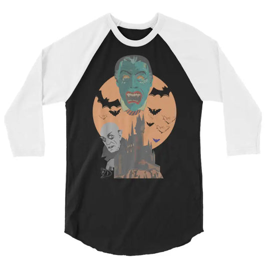 Halloween-themed Night of the Vampires classic baseball raglan shirt for vintage horror enthusiasts