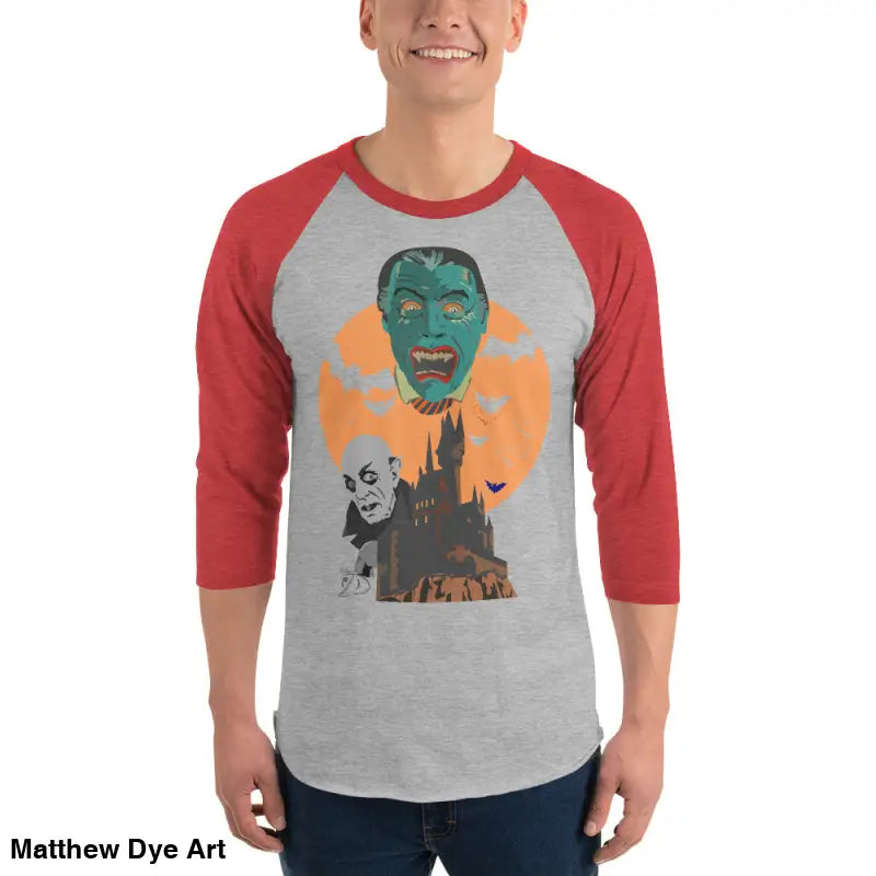 Monster-themed baseball raglan shirt featuring vintage horror design for enthusiasts