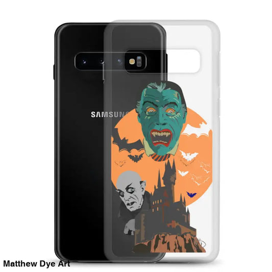 Samsung phone case featuring Matthew Dye art with Halloween monsters and bats on orange moon