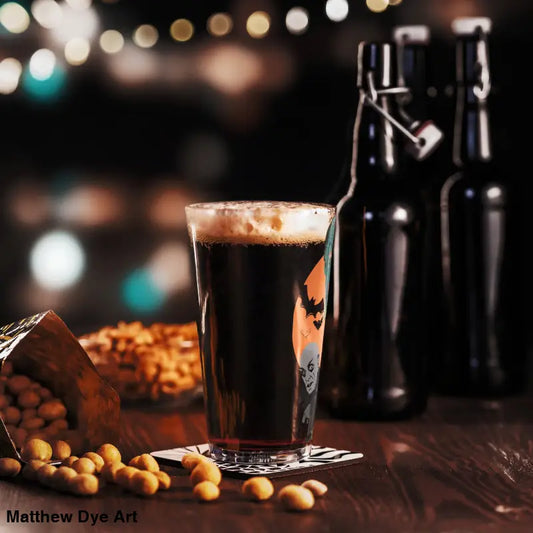 Dark beer in a Halloween-themed glass from the Vampires Shaker Pint collection