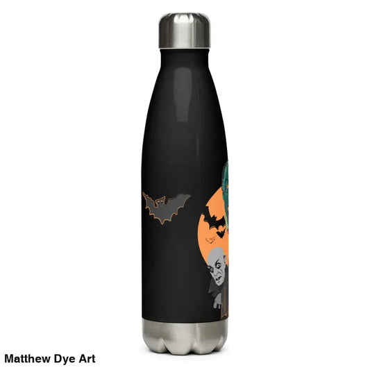 Black Halloween-themed steel water bottle featuring Matthew Dye art for Gothic hydration