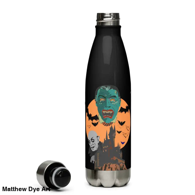 Black stainless steel water bottle featuring Matthew Dye art of vampires for gothic hydration