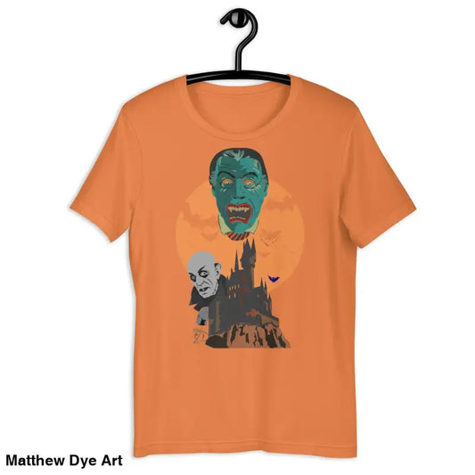 Orange t-shirt featuring Matthew Dye art of vampires vintage horror and a haunted castle