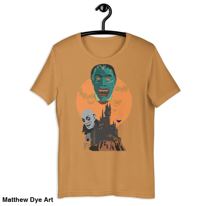 Tan t-shirt featuring Matthew Dye art of vintage horror with vampires and a spooky castle