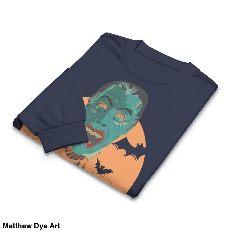 Folded navy blue heavyweight long sleeve shirt featuring Matthew Dye art of vampires