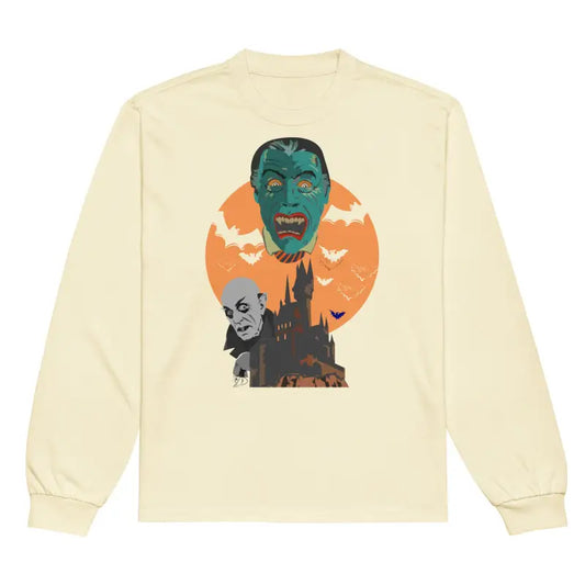 Long-sleeved cream shirt featuring Matthew Dye art of vampires, premium heavyweight design
