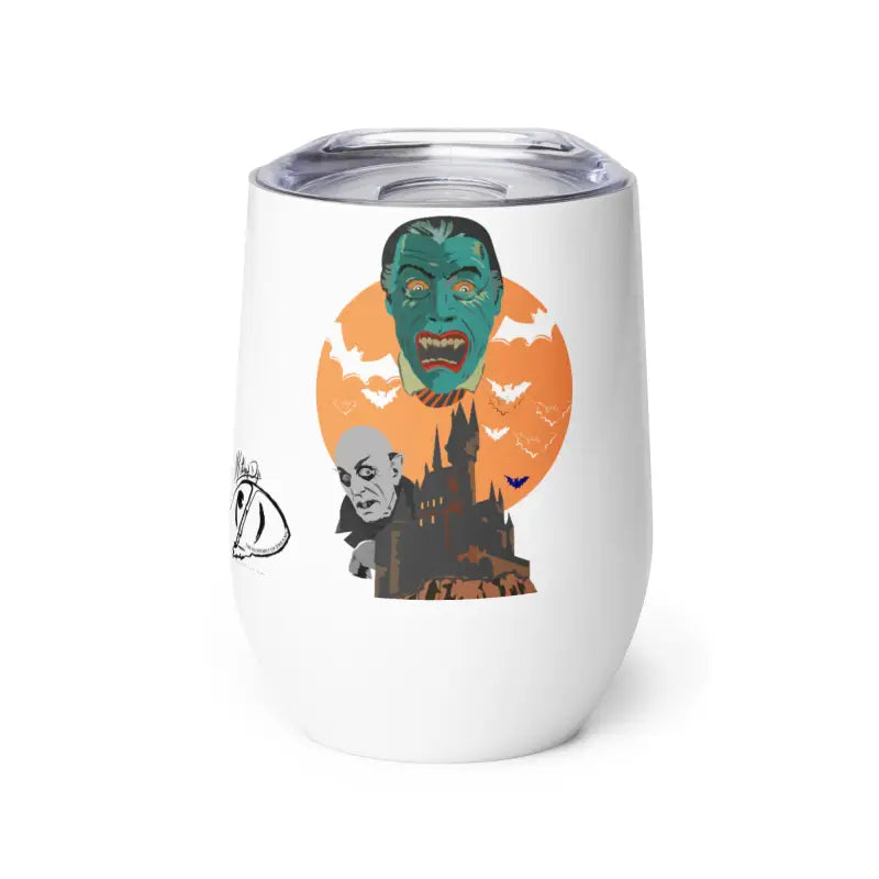 White stainless steel wine tumbler featuring monster graphics for Halloween enthusiasts