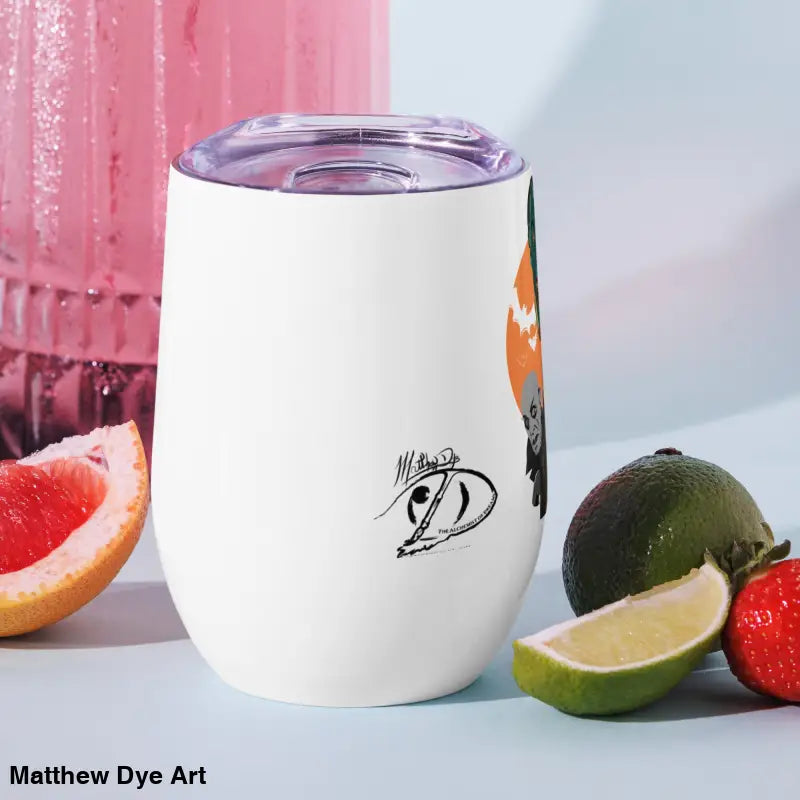 White insulated stainless steel wine tumbler with lid for Halloween, featuring vampire design