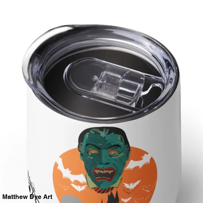 Insulated stainless steel wine tumbler featuring a monster graphic for Halloween enthusiasts